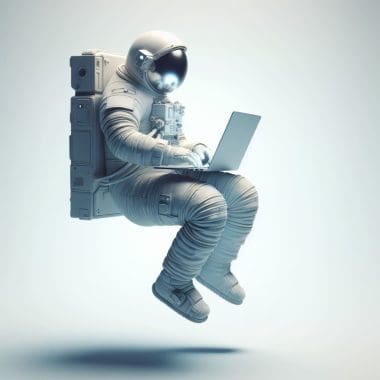 Astronaut using a laptop in a zero-gravity environment, symbolizing digital marketing innovation and remote work trends.