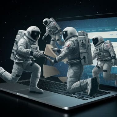 Astronauts collaborating on a laptop, symbolizing innovative digital marketing strategies and teamwork in the online space.
