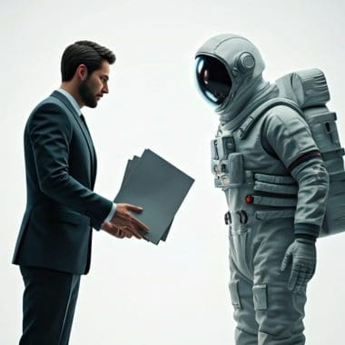 Businessman handing documents to astronaut, symbolizing innovative digital marketing strategies and creative solutions by Bluemoon Creative Agency.