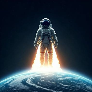 Astronaut launching from Earth with rocket flames, symbolizing innovation and exploration in digital marketing by Bluemoon Creative Agency.