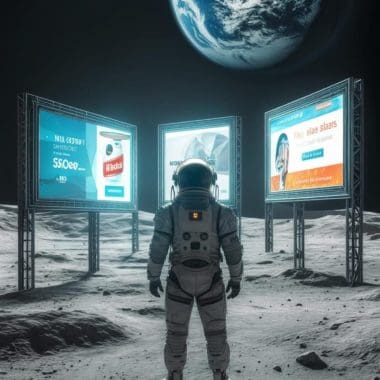 Astronaut on the moon observing digital advertising billboards promoting Bluemoon Creative Agency's services in digital marketing and branding.
