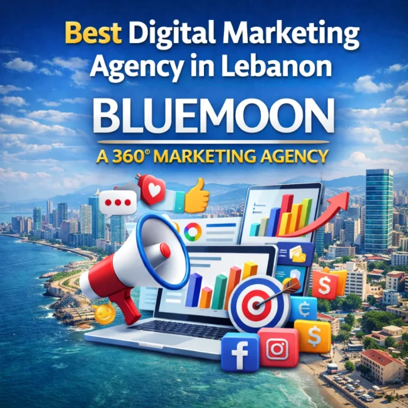 Best digital marketing agency in Lebanon, Bluemoon logo, 360° marketing agency, laptop with graphs, megaphone, social media icons, vibrant coastal city background.