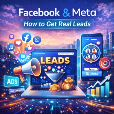 Facebook and Meta graphic illustrating lead generation strategies with ads, funnel, and analytics elements, emphasizing digital marketing insights for Bluemoon Creative Agency.