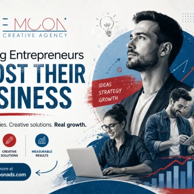 Bluemoon Creative Agency graphic promoting digital marketing strategies for entrepreneurs to boost their business, featuring diverse professionals, growth metrics, and keywords like "ideas," "strategy," and "creative solutions."