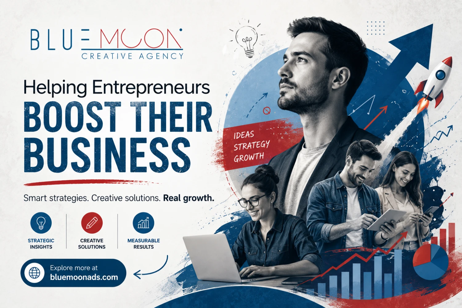Bluemoon Creative Agency promotional graphic featuring diverse entrepreneurs, emphasizing boosting business through digital marketing strategies, with visuals of growth charts, a rocket, and text highlighting "Helping Entrepreneurs Boost Their Business."