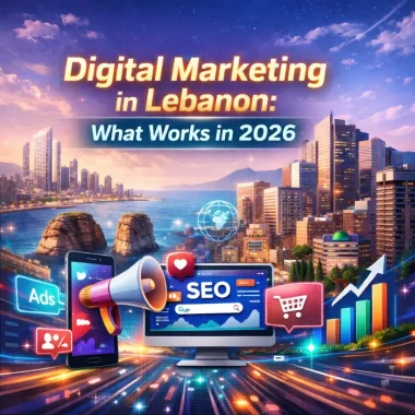 Digital marketing graphic featuring "Digital Marketing in Lebanon: What Works in 2026," with icons for SEO, ads, and analytics, set against a city skyline and waterfront, relevant to Bluemoon Creative Agency's services.
