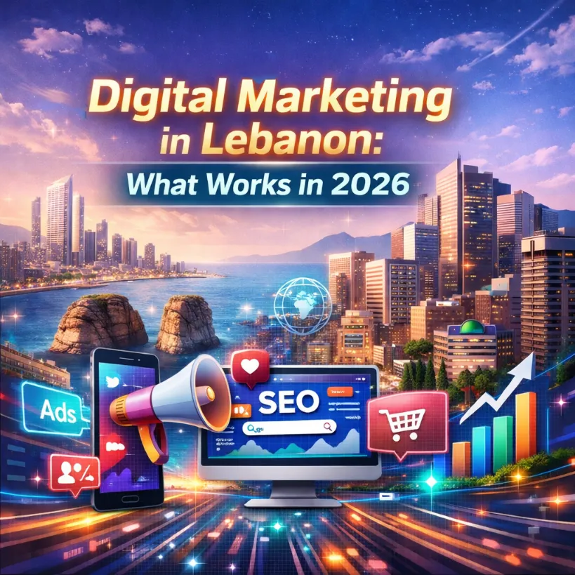 Digital marketing landscape in Lebanon for 2026, featuring a city skyline, smartphone with ads, megaphone, SEO elements, and growth charts.