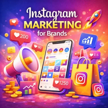 Instagram marketing graphic featuring a smartphone displaying social media analytics, a megaphone, shopping bags, and engagement metrics, emphasizing digital marketing strategies for brands.