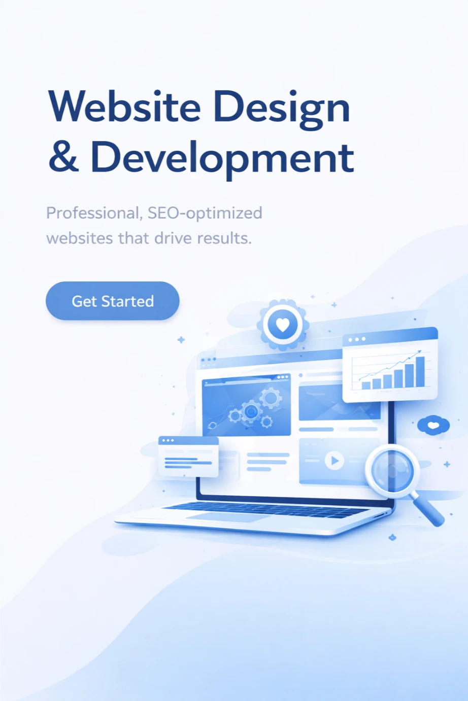 Website design and development illustration featuring a laptop with SEO-optimized elements, analytics graphs, and a call-to-action button, emphasizing professional web services that drive results.