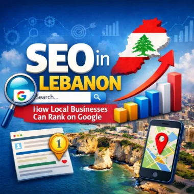 SEO in Lebanon graphic featuring a map of Lebanon, growth chart, smartphone displaying a location, and text on local business ranking strategies on Google.