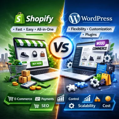 Shopify vs WordPress comparison graphic highlighting e-commerce features, flexibility, customization, and SEO benefits, relevant to digital marketing strategies.