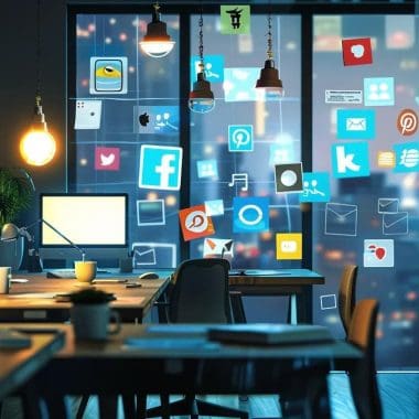Office workspace with social media icons on glass window, emphasizing digital marketing and social media management, relevant to Bluemoon Creative Agency's services.