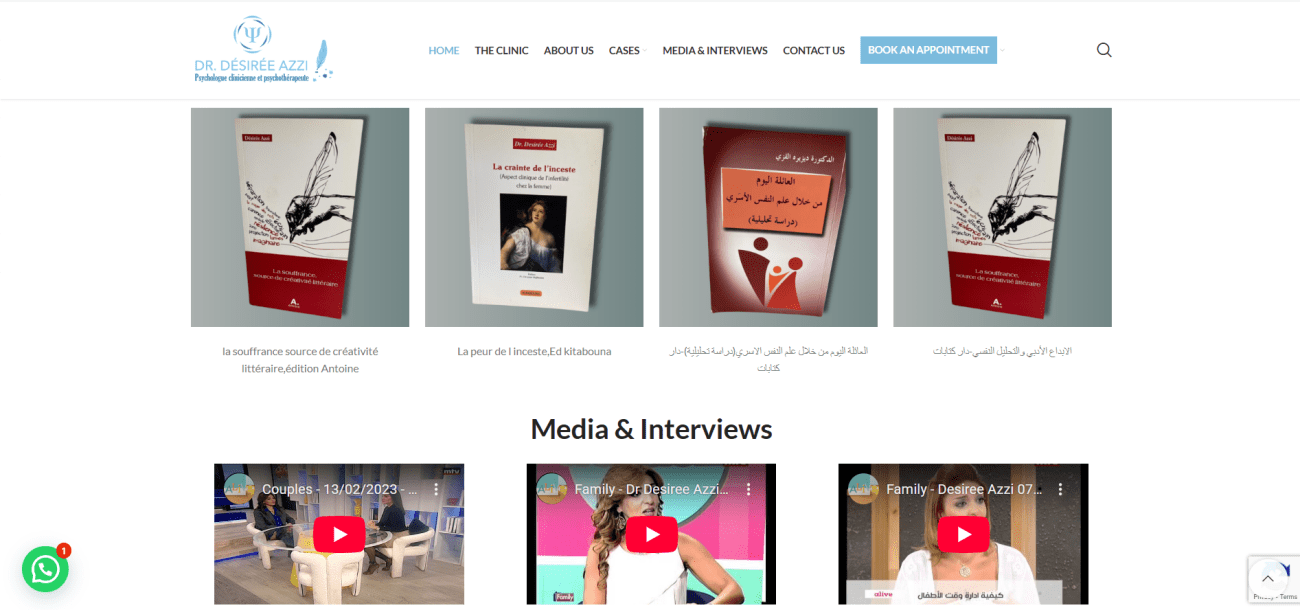 Dr. Désirée Azzi's portfolio featuring her published works on psychology and psychoanalysis, including titles like "La souffrance, source de créativité littéraire" and "La peur de l'inceste."