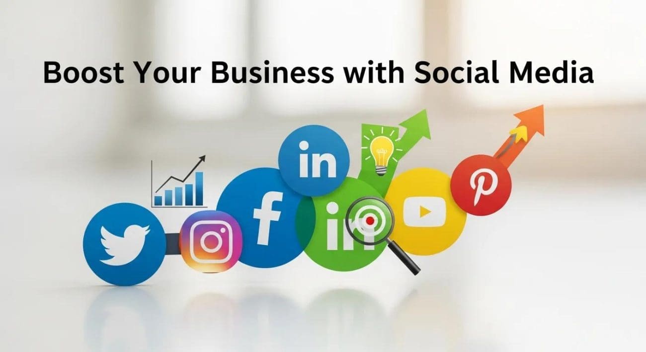 Boost Your Business with Social Media graphic featuring social media icons (Twitter, Instagram, Facebook, LinkedIn, YouTube, Pinterest) and growth indicators, emphasizing social media marketing strategies for Beirut businesses.