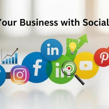 Promoting your business with social media icons including Facebook, Instagram, LinkedIn, YouTube, and Pinterest, alongside growth charts and a lightbulb symbolizing ideas.