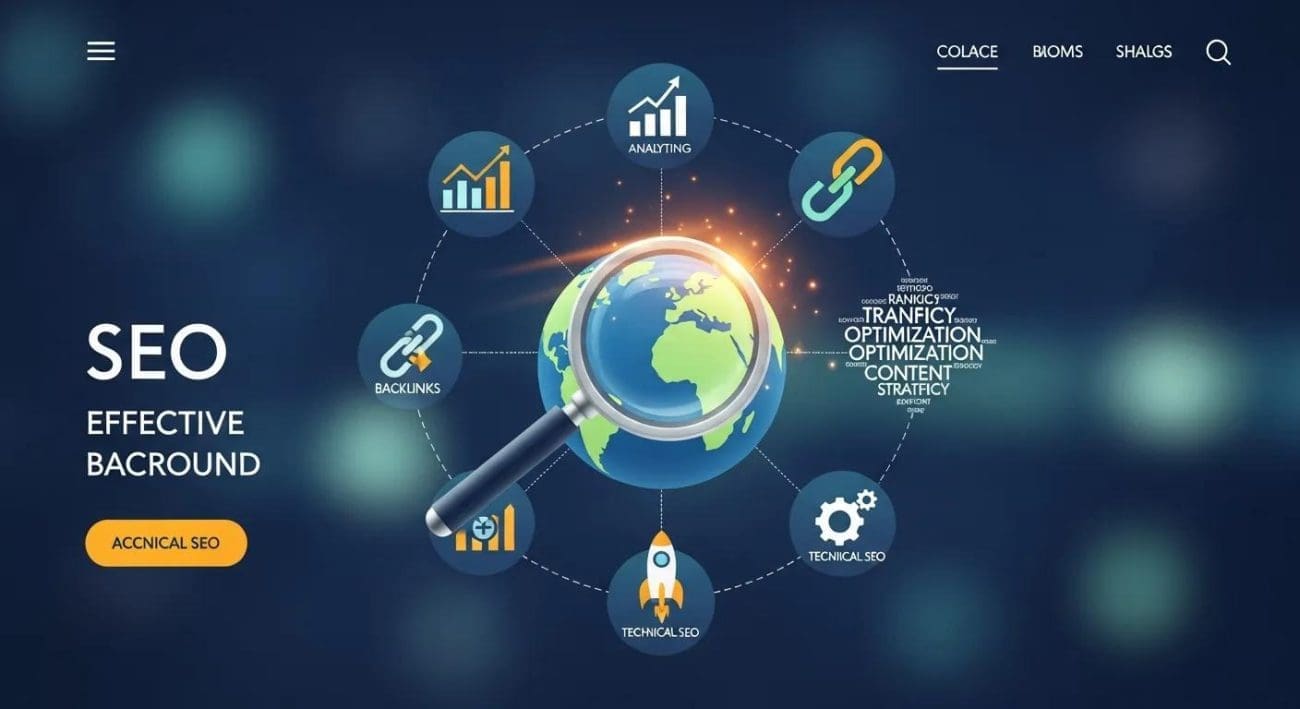 SEO graphic illustrating effective strategies, featuring a globe with a magnifying glass, icons for backlinks, technical SEO, and analytics, emphasizing key elements of search engine optimization.