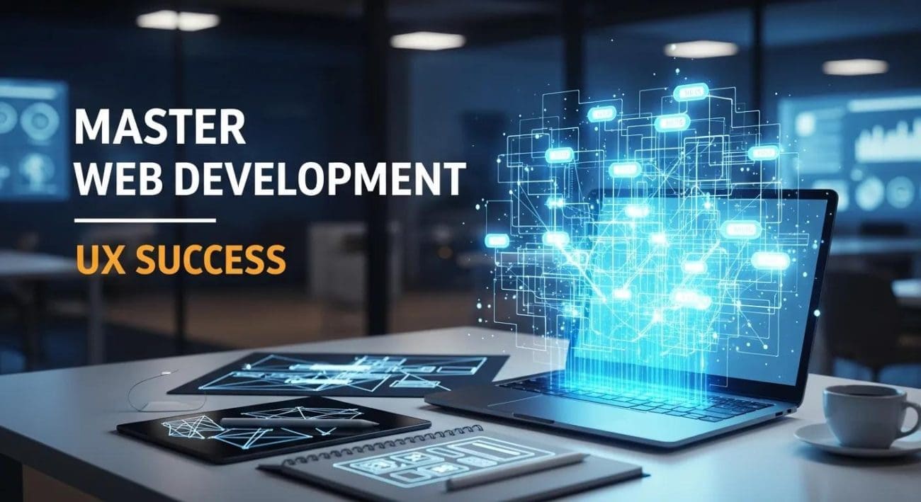 Master Web Development and UX Success graphic with laptop and digital interface design elements, highlighting web development concepts and user experience strategies.