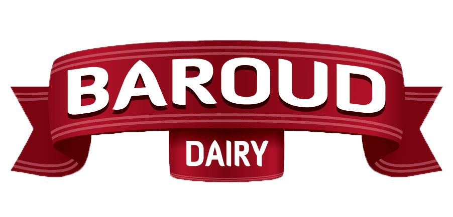 Baroud Dairy logo featuring bold white text on a red ribbon, representing a brand in the dairy industry, relevant to Bluemoon Creative Agency's client showcase.
