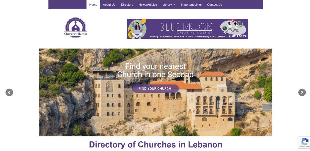 Churches-LB website header featuring a scenic view of a church nestled in a mountainous landscape, promoting the directory of churches in Lebanon.