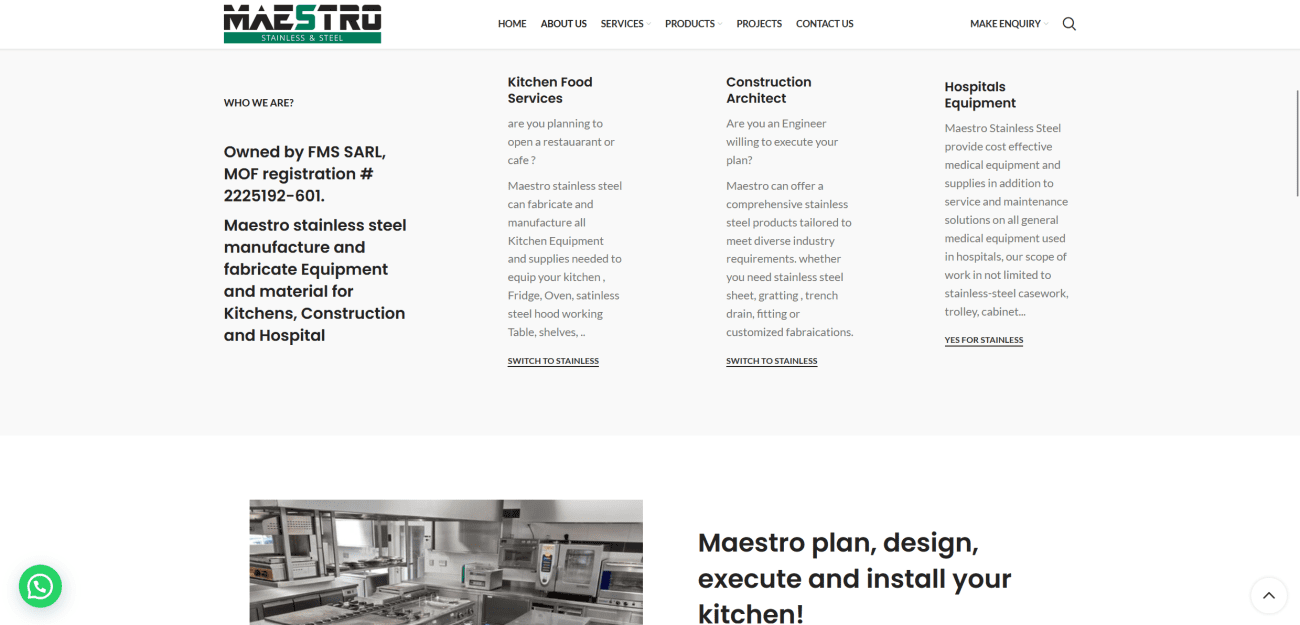Stainless steel kitchen equipment and fabrication tools showcasing Maestro Stainless Steel's offerings for commercial kitchens, construction, and medical applications.