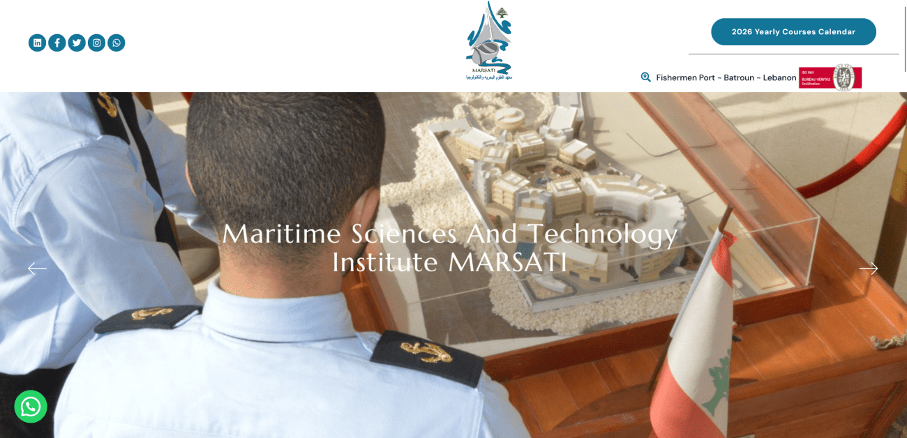 Maritime Sciences and Technology Institute MARSATI with model display, featuring maritime officer in uniform, Lebanese flag, and educational setting.