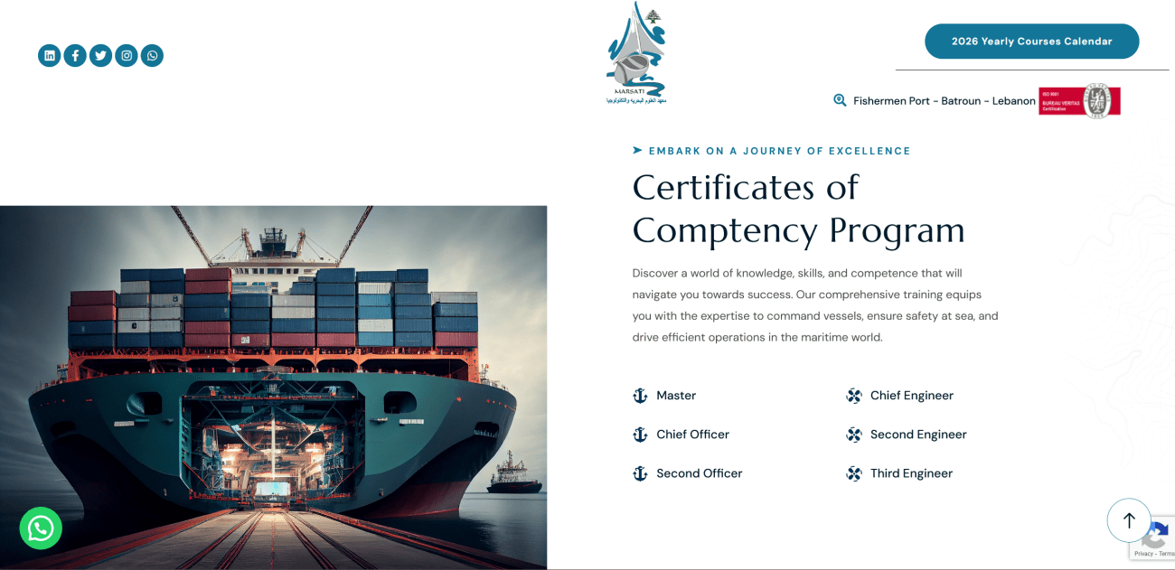Cargo ship loaded with shipping containers at port, representing maritime training and professional education at MARSATI – Maritime Sciences & Technology Institute.