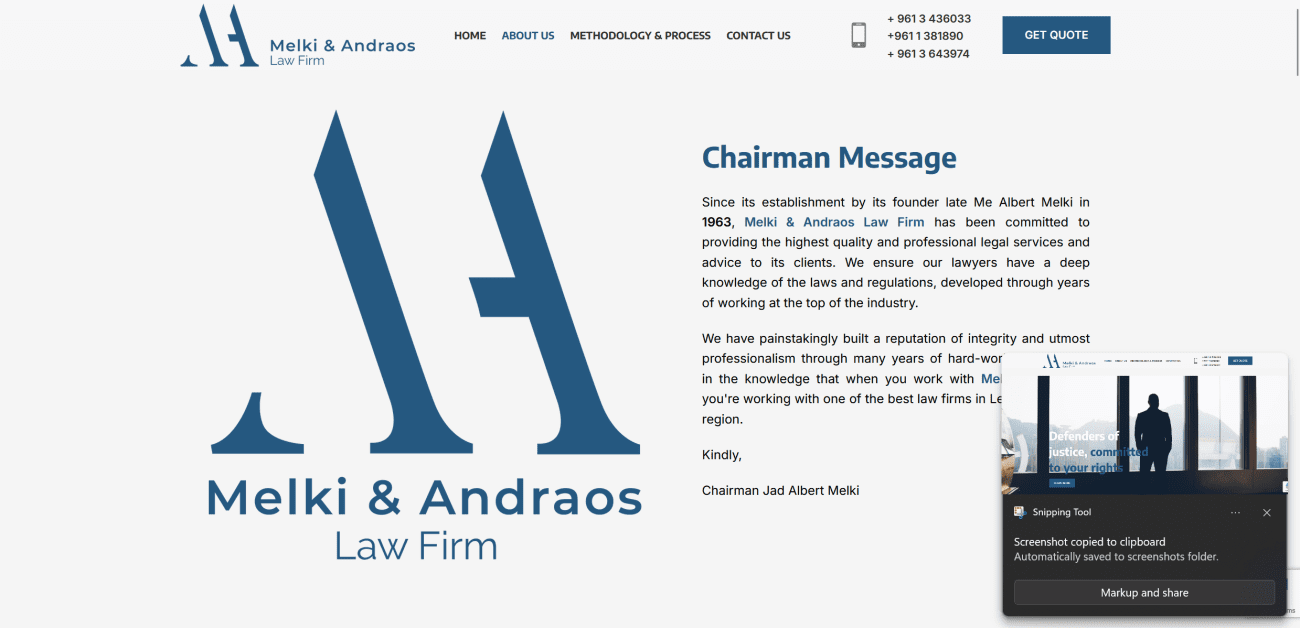 Melki & Andraos Law Firm logo with stylized "MA" initials, representing a long-established legal practice dedicated to high-quality legal services and professional advice.