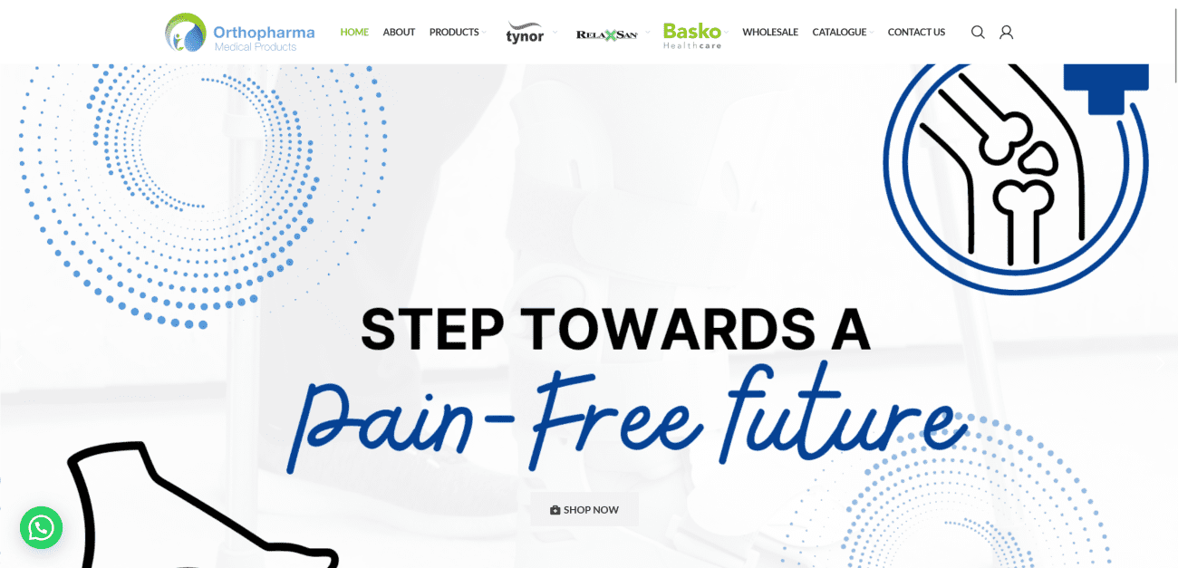 Orthopharma medical products banner featuring the text "Step Towards A Pain-Free Future" with illustrations of orthopedic support and mobility aids.