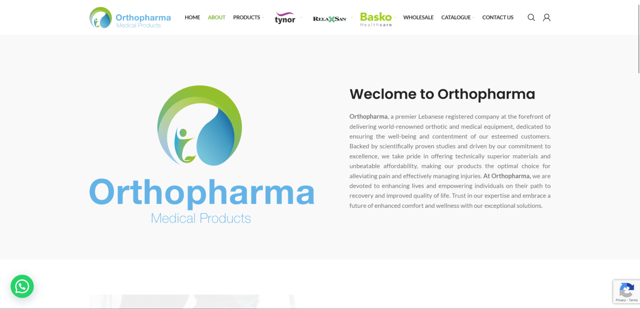 Orthopharma logo featuring a stylized figure and green-blue color scheme, representing a Lebanese company specializing in medical products and orthopedic equipment.