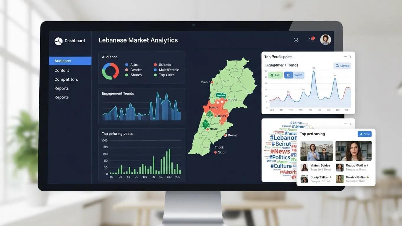 Dashboard displaying Lebanese market analytics, featuring audience demographics, engagement trends, and top performing posts, with a map of Lebanon highlighting key cities and data visualizations for social media marketing insights.