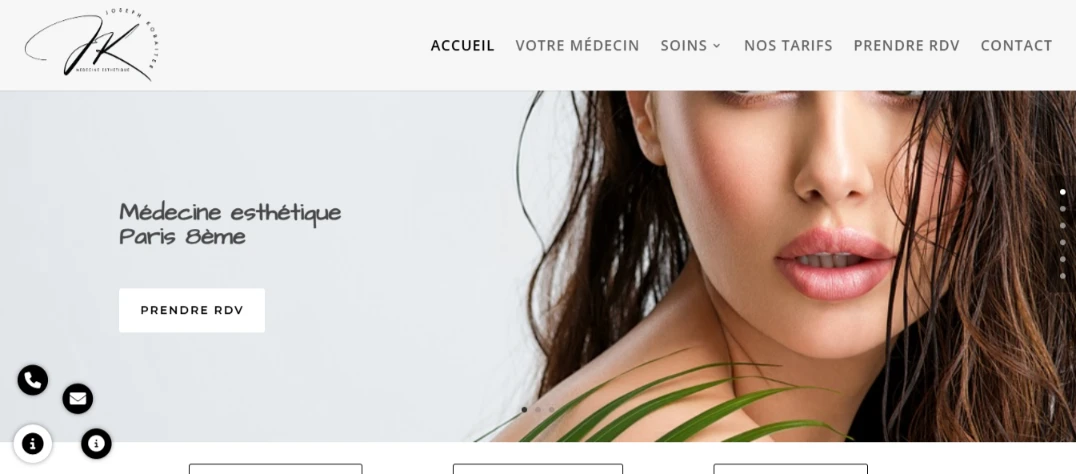 Close-up of a woman's face showcasing natural beauty, featuring soft makeup and wet hair, with the text "Médecine esthétique Paris 8ème" and a "Prendre RDV" button, emphasizing aesthetic treatments and personalized care.