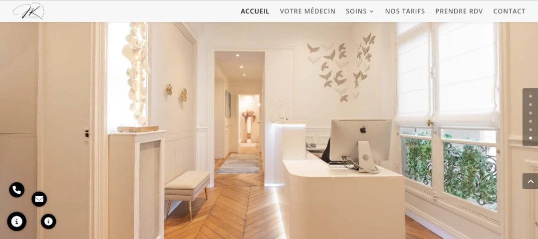 Modern aesthetic clinic interior in Paris, featuring a sleek reception desk, warm wooden flooring, and soft lighting, emphasizing a welcoming atmosphere for medical aesthetic treatments.