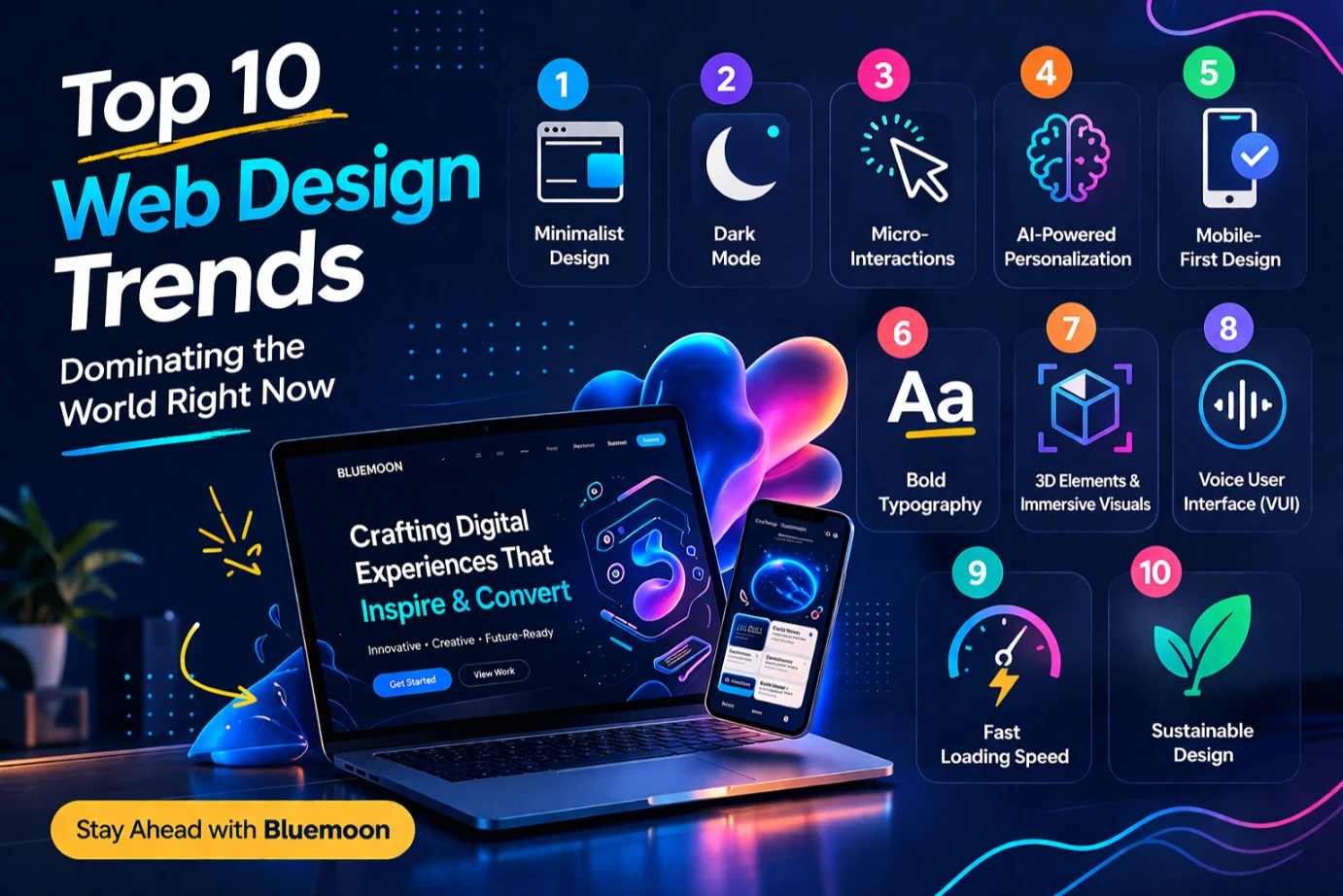 Top 10 web design trends for 2026, featuring Bluemoon branding, showcasing minimalist design, dark mode, micro-interactions, AI personalization, mobile-first design, bold typography, 3D visuals, voice user interface, fast loading speed, and sustainable design.