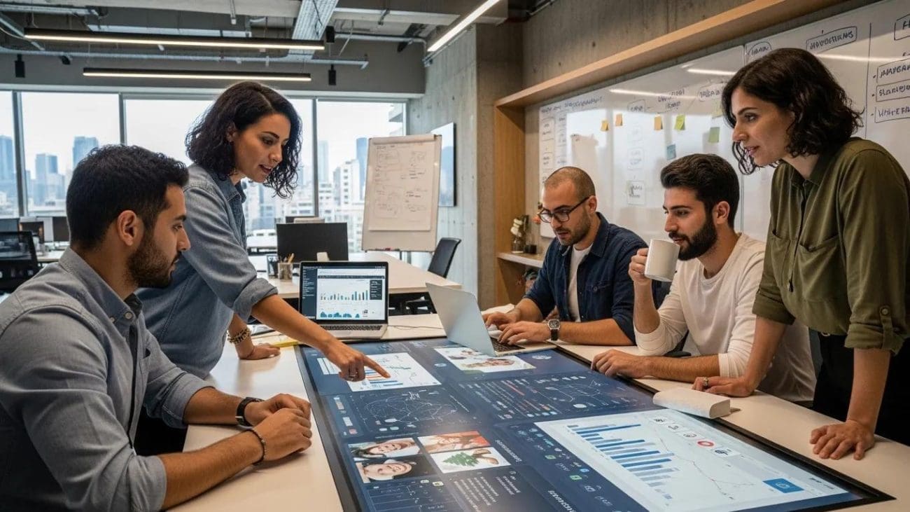 Team analyzing digital marketing data on a touchscreen table in a modern office, with laptops and charts illustrating strategies for business growth in Lebanon.