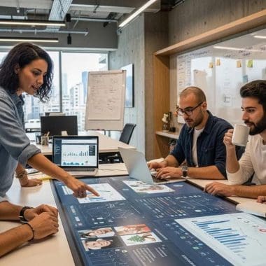 Team collaborating around a digital display, analyzing data and marketing strategies in a modern office setting, reflecting Bluemoon Creative Agency's focus on digital marketing and business growth.