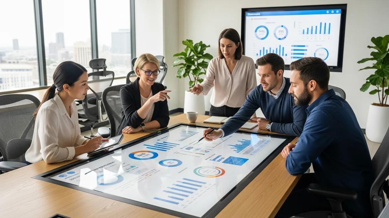 Team collaborating around a digital table displaying analytics graphs and charts, discussing audience segmentation strategies for Lebanese social media marketing.