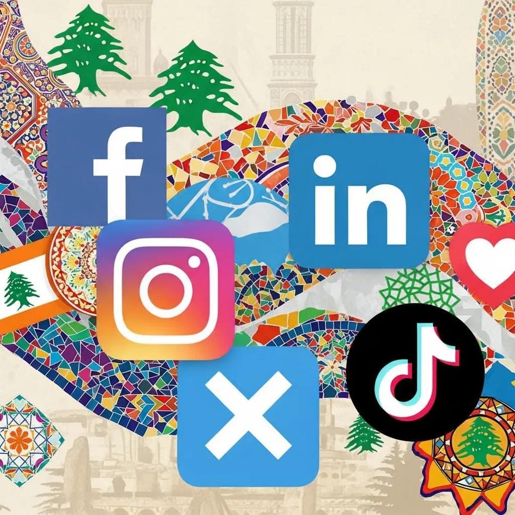 Collage of social media platform logos including Facebook, Instagram, LinkedIn, and TikTok, intertwined with Lebanese cultural elements like the Lebanese flag and cedar trees, symbolizing local social media marketing strategies in Lebanon.