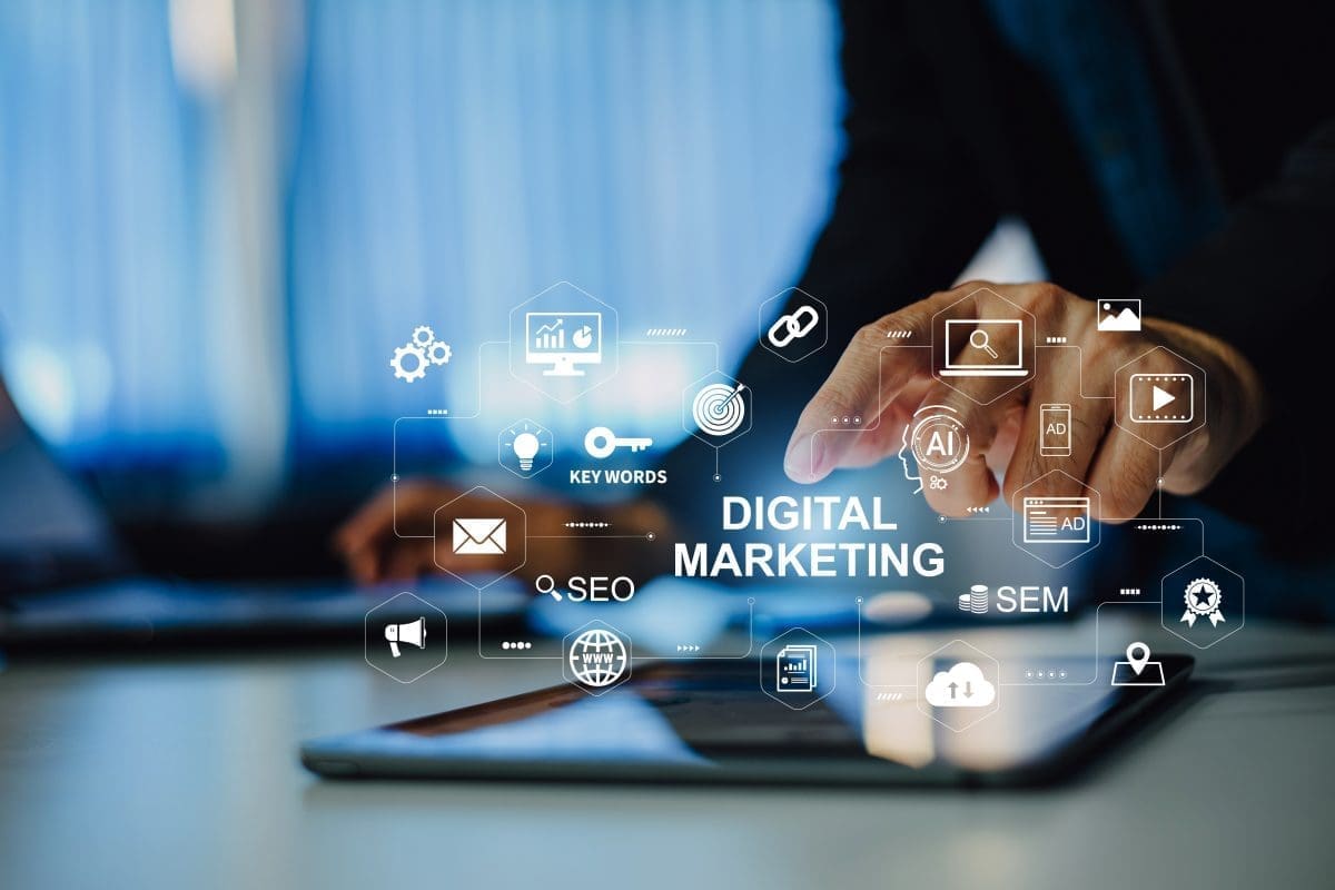 Digital marketing concept with hands interacting with tablet, featuring icons for SEO, SEM, keywords, and analytics, emphasizing performance tracking and campaign strategies.