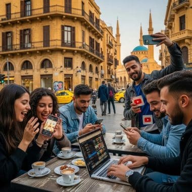 Diverse Lebanese youth engaging with social media on smartphones and a laptop in an urban café setting, reflecting digital marketing trends and social media interaction.