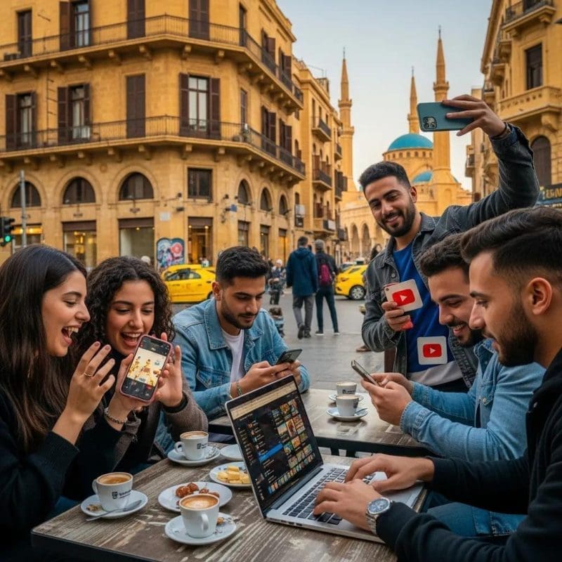 Diverse Lebanese youth engaging with social media and digital marketing strategies in an urban café setting, with laptops and smartphones, showcasing modern connectivity and collaboration.