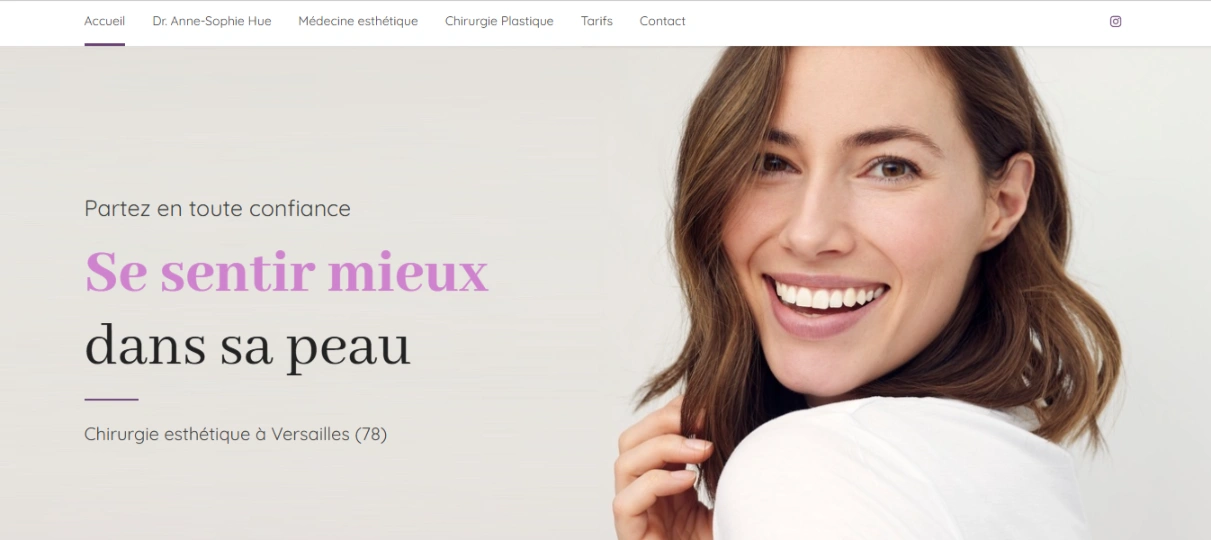 Smiling woman with shoulder-length hair wearing a white top, promoting confidence and aesthetic medicine on Dr. Anne-Sophie Hue's website for facial cosmetic surgery and non-invasive treatments.