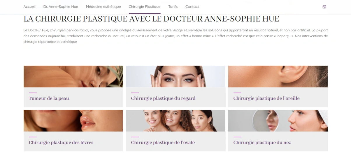Image of Dr. Anne-Sophie Hue's aesthetic medicine website featuring various cosmetic procedures, including facial treatments and plastic surgery options, designed for user-friendly navigation and showcasing medical expertise.