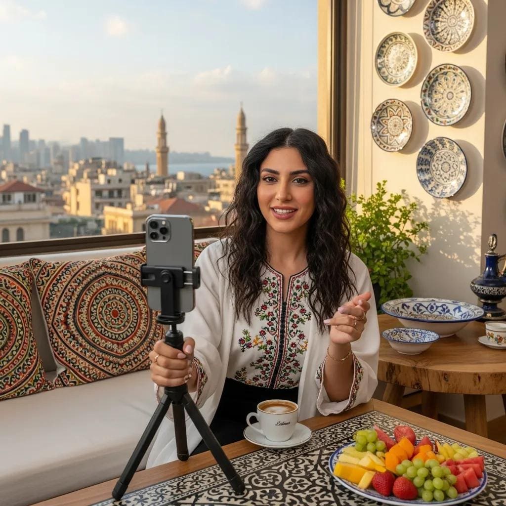 Lebanese influencer creating content with smartphone in a culturally rich setting, featuring traditional decor and a vibrant fruit platter, promoting brand collaboration.