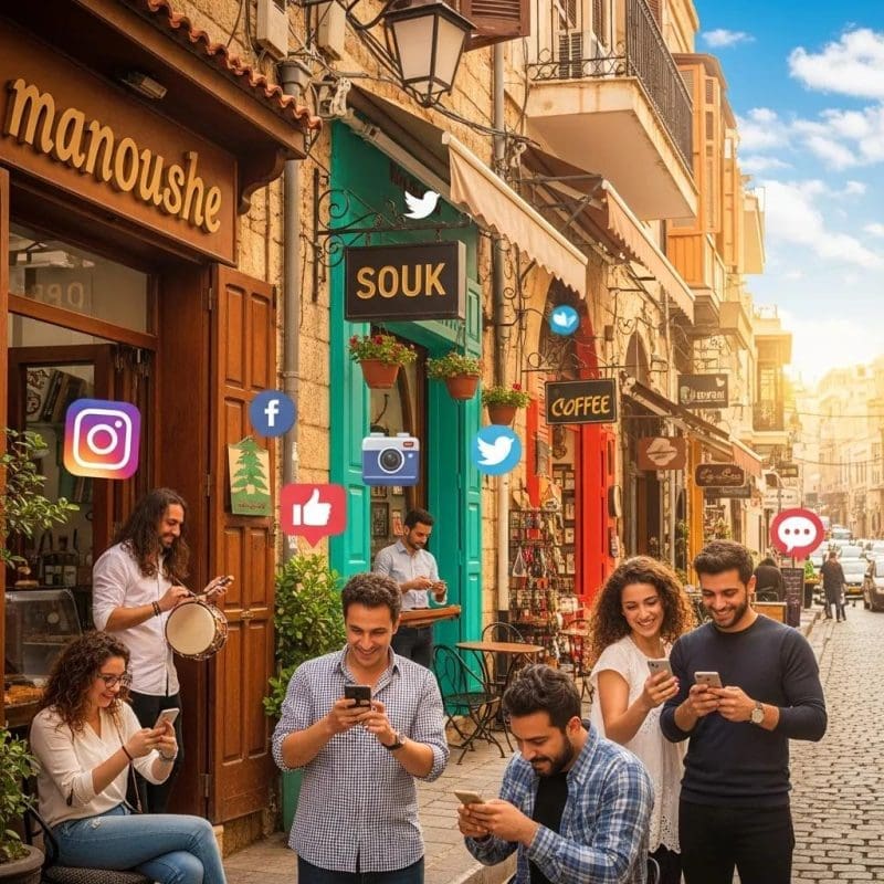 Lebanese street scene featuring local businesses, people engaging with smartphones, and social media icons, highlighting digital marketing and social media interaction in Lebanon.