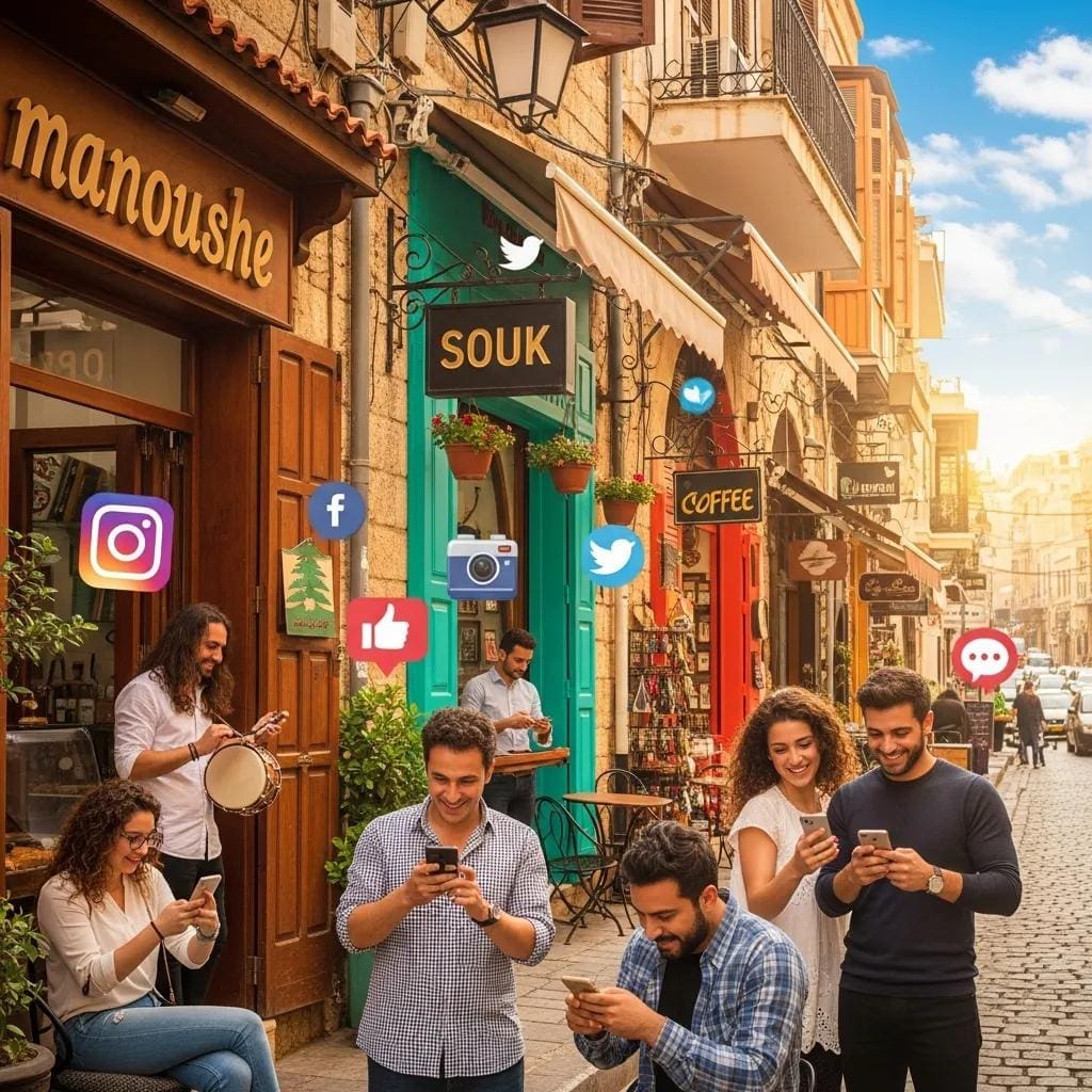 Lebanese street scene featuring local businesses, social media icons, and diverse individuals engaging with smartphones, illustrating digital marketing and social media interaction in Lebanon.