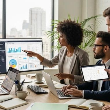 Professionals collaborating on online reputation management strategies in a modern office
