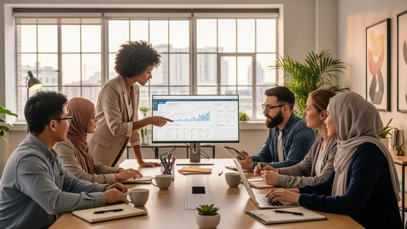 Diverse professionals collaborating on social media marketing strategies in a modern office