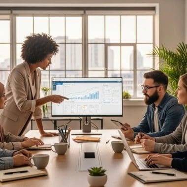 Diverse professionals collaborating on social media marketing strategies in a modern office