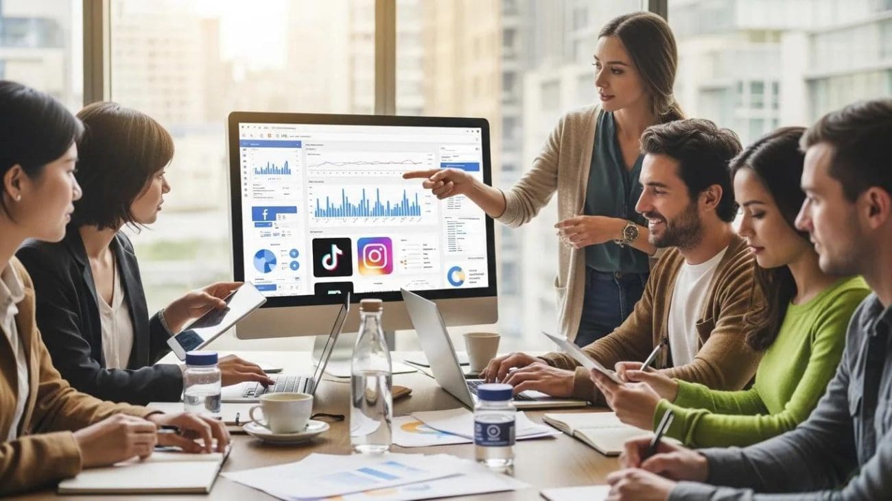 Team meeting discussing digital marketing strategies with analytics displayed on a computer screen, featuring social media platforms like TikTok and Instagram.
