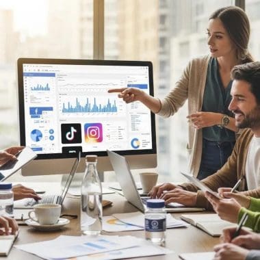 Team discussing digital marketing strategies with analytics on computer screen, featuring social media icons like TikTok and Instagram, in a modern office setting.